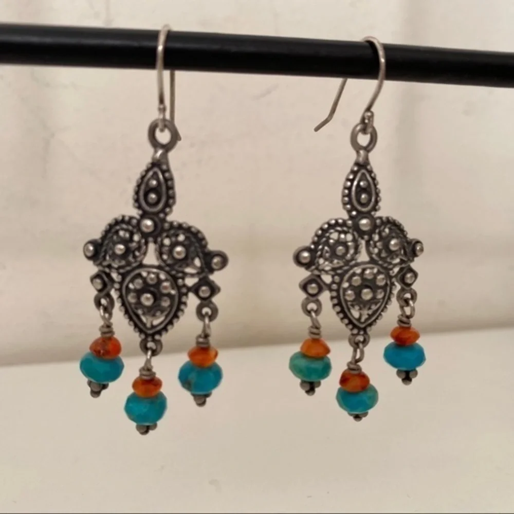 Sundance 925 silver turquoise carnelian beaded tassel chandelier drop earrings